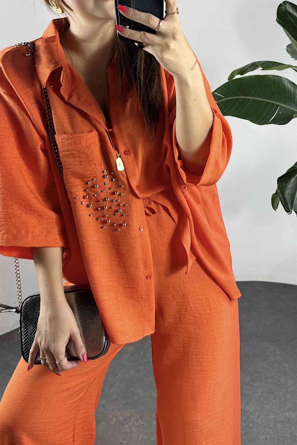 Keten Kumaş Taş Detaylı Gömlek Pantolon Takım Turuncu
