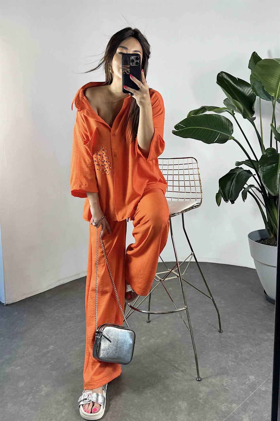 Keten Kumaş Taş Detaylı Gömlek Pantolon Takım Turuncu