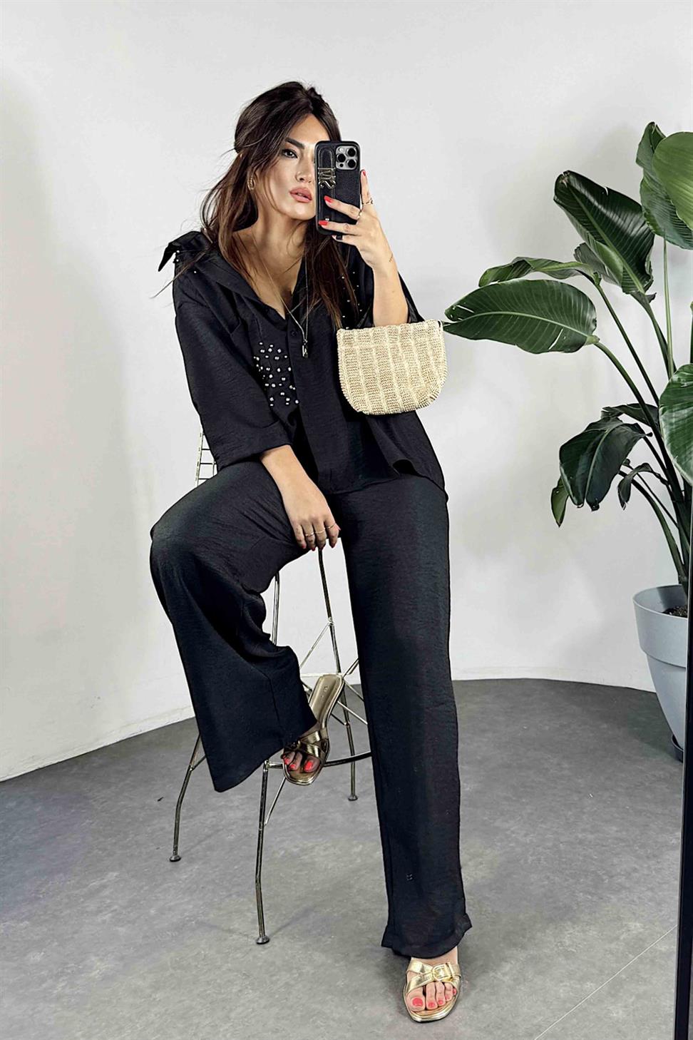 Keten Kumaş Taş Detaylı Gömlek Pantolon Takım Siyah