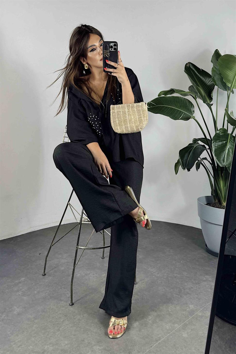 Keten Kumaş Taş Detaylı Gömlek Pantolon Takım Siyah