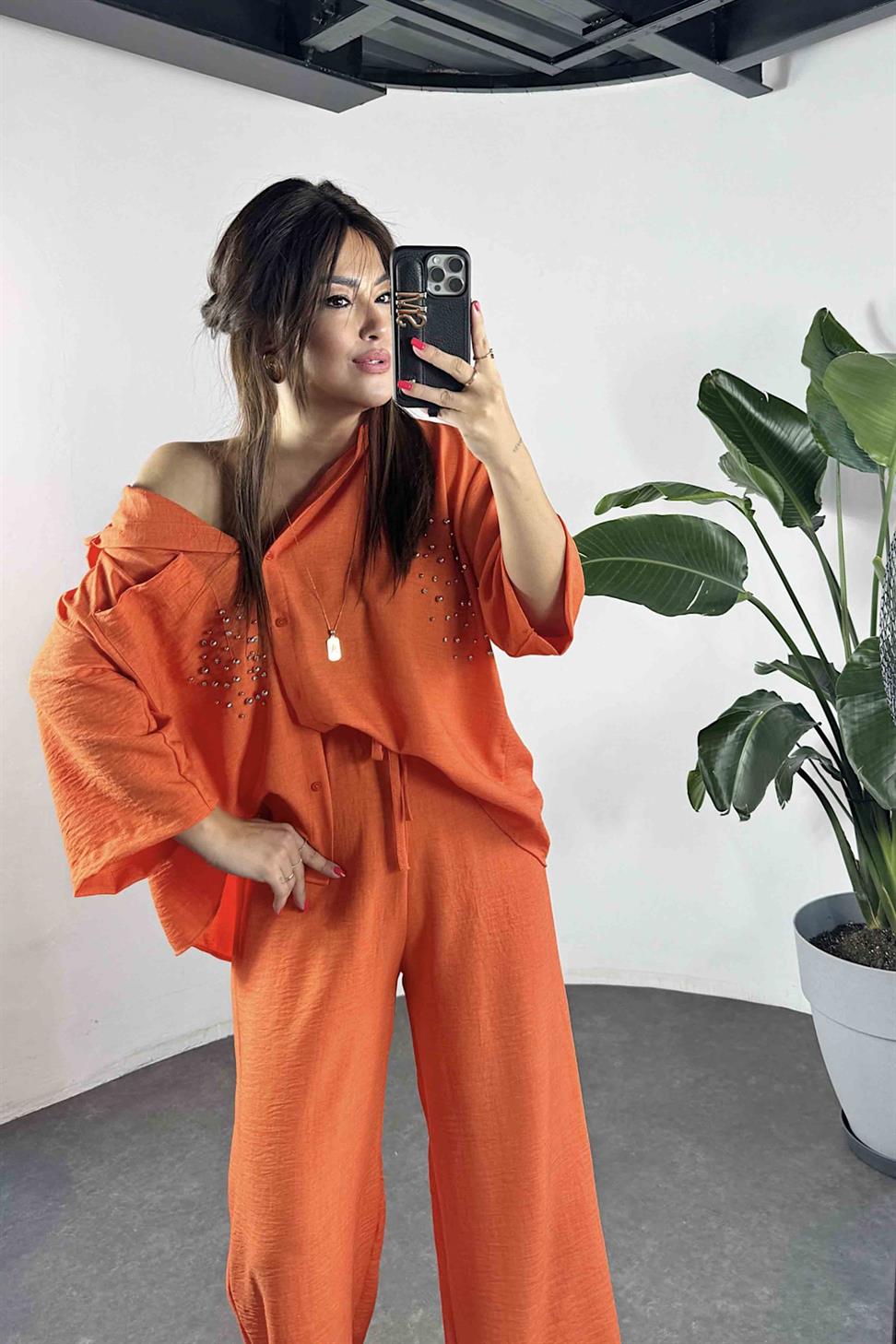 Keten Kumaş Taş Detaylı Gömlek Pantolon Takım Turuncu
