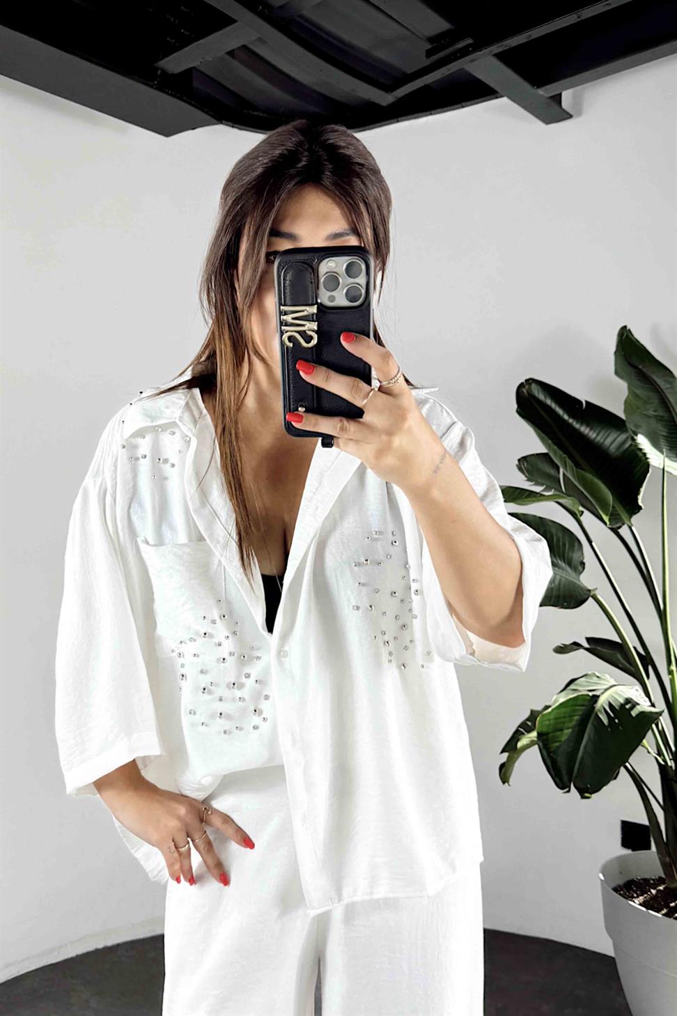 Keten Kumaş Taş Detaylı Gömlek Pantolon Takım Beyaz