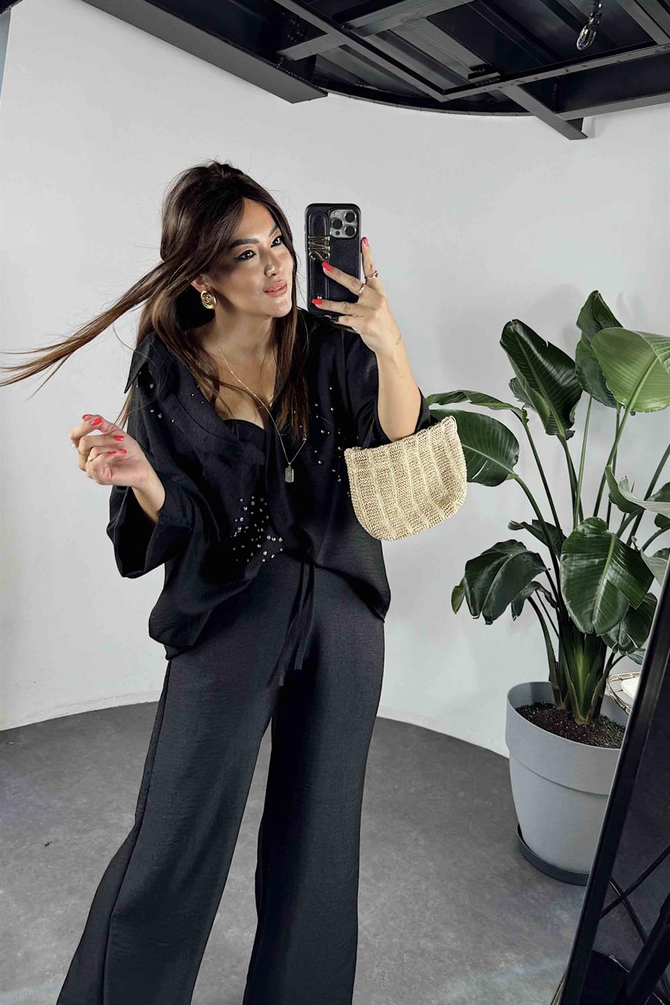 Keten Kumaş Taş Detaylı Gömlek Pantolon Takım Siyah