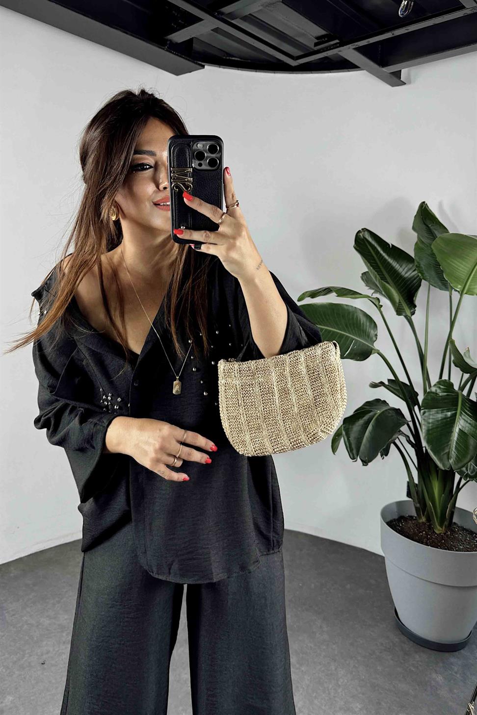 Keten Kumaş Taş Detaylı Gömlek Pantolon Takım Siyah