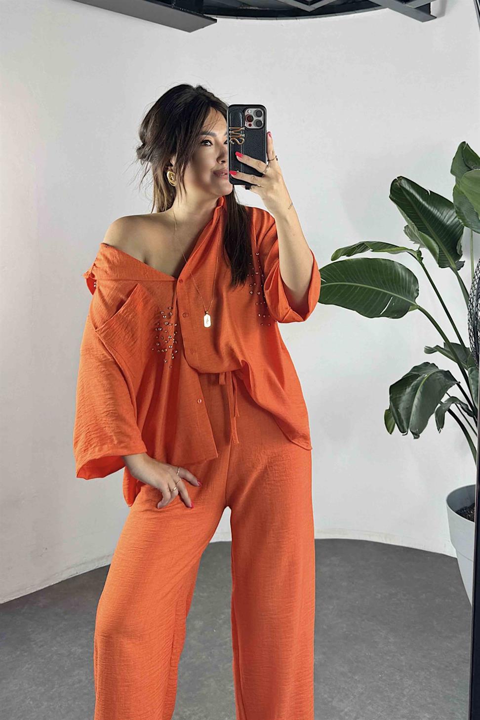 Keten Kumaş Taş Detaylı Gömlek Pantolon Takım Turuncu