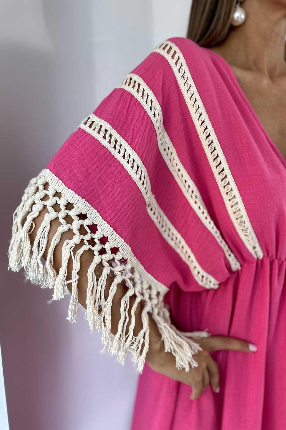 Keten ve Pamuklu Kumaş Püskül Detay Bohem Uzun Elbise Pembe
