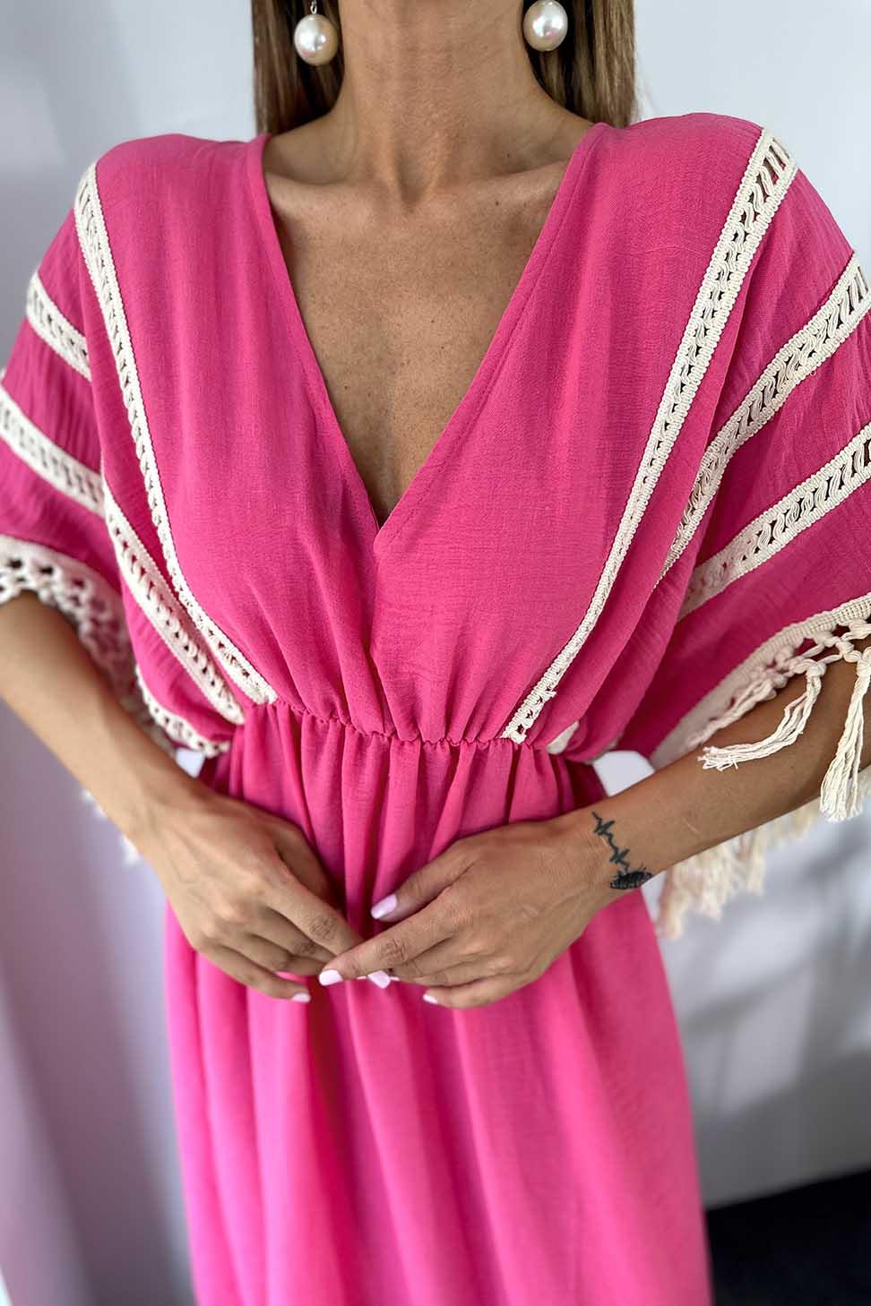 Keten ve Pamuklu Kumaş Püskül Detay Bohem Uzun Elbise Pembe