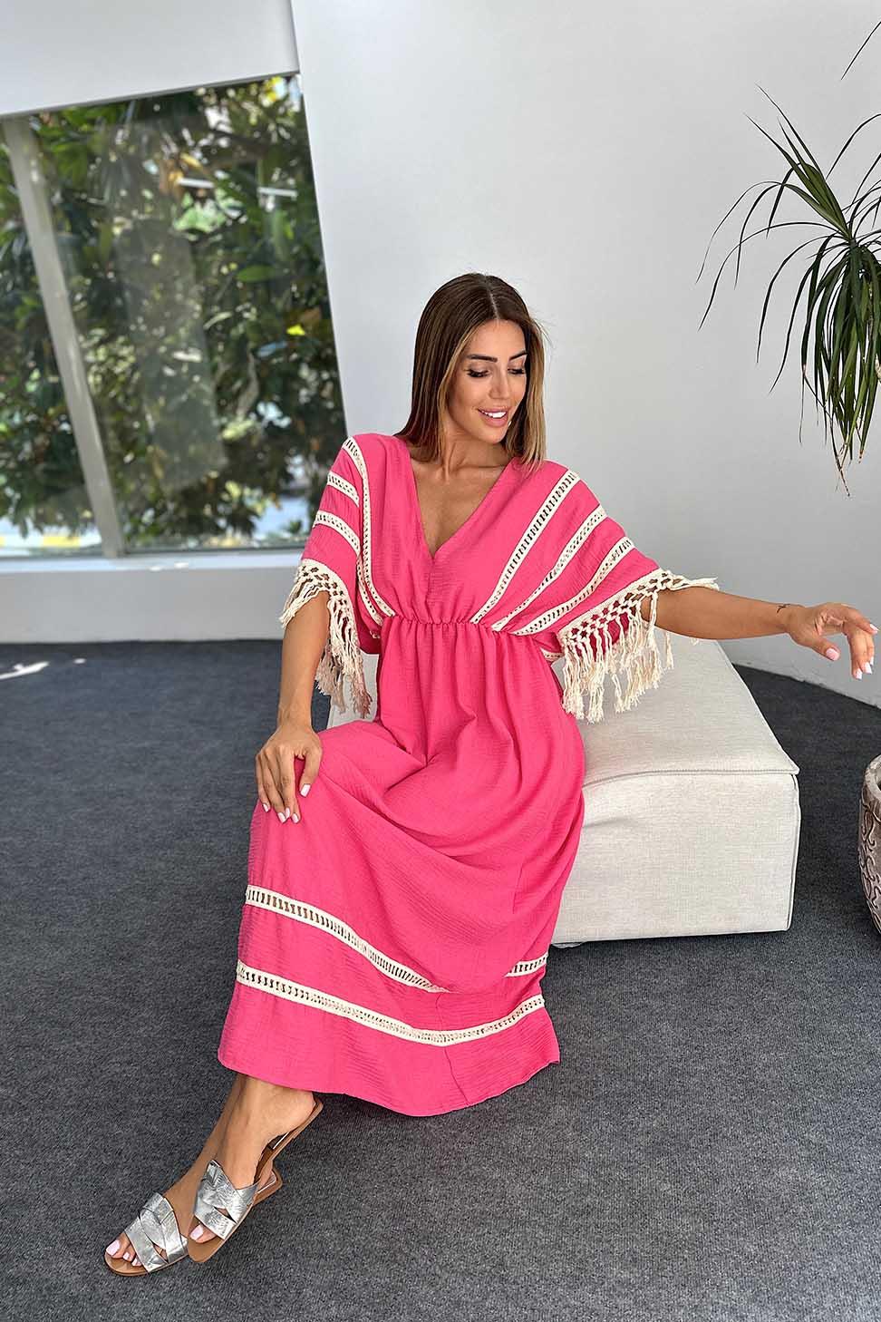 Keten ve Pamuklu Kumaş Püskül Detay Bohem Uzun Elbise Pembe