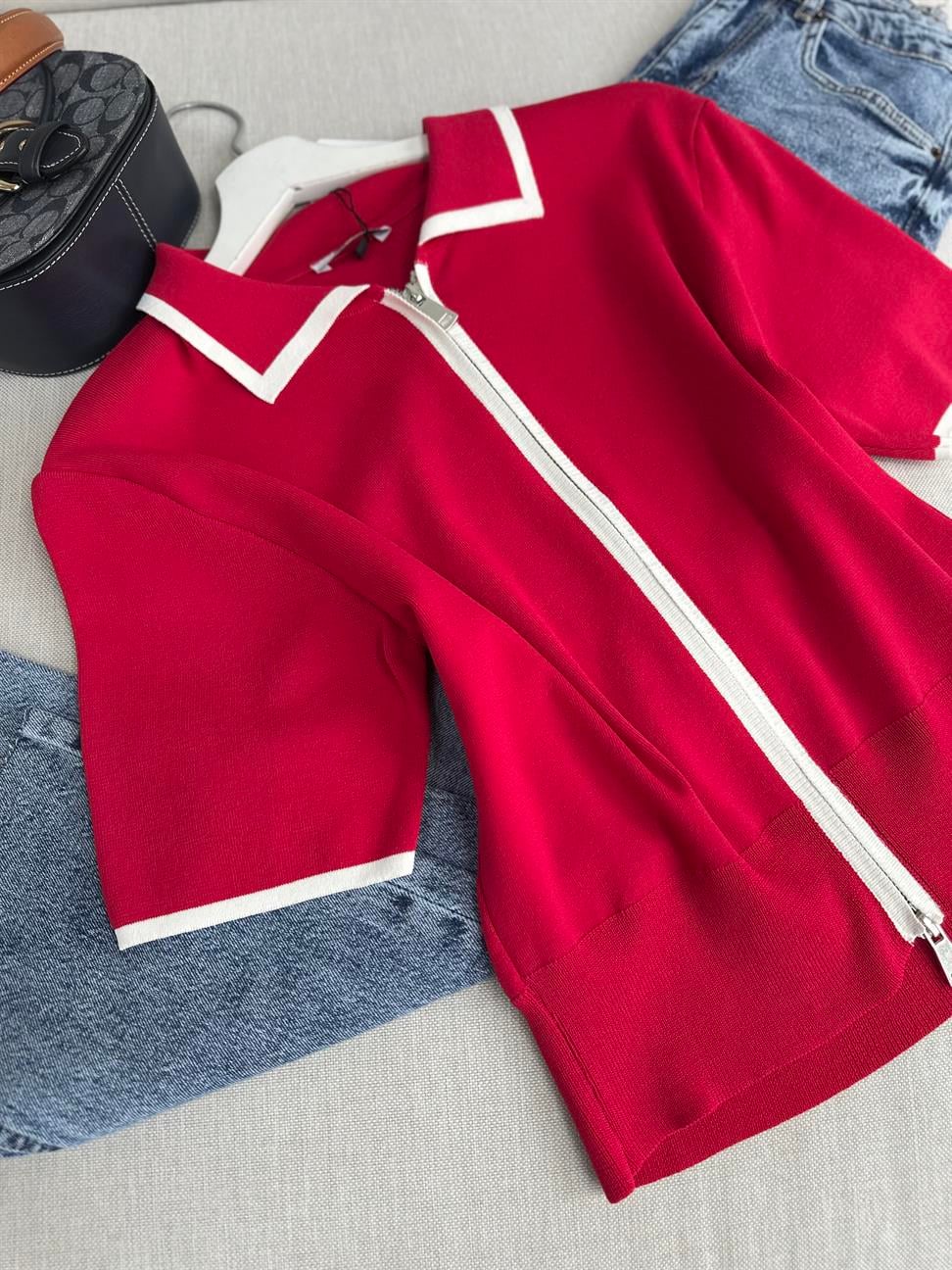 Kırmızı Biye Geçişli Çift Fermuarlı Tok Merserize Hırka