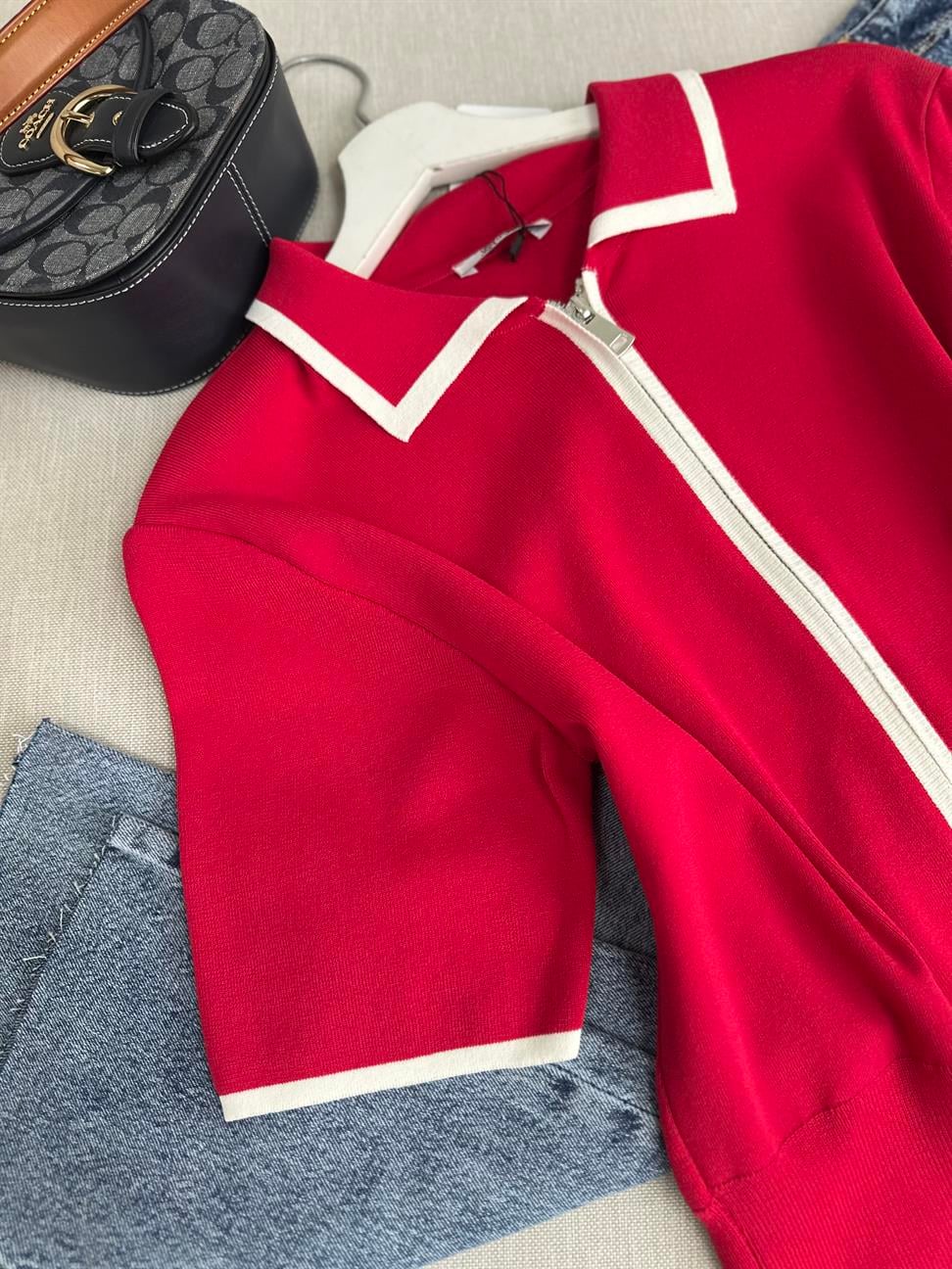 Kırmızı Biye Geçişli Çift Fermuarlı Tok Merserize Hırka