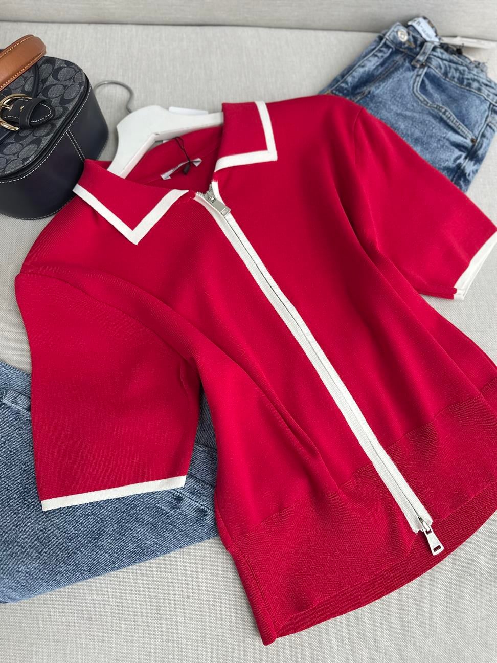 Kırmızı Biye Geçişli Çift Fermuarlı Tok Merserize Hırka