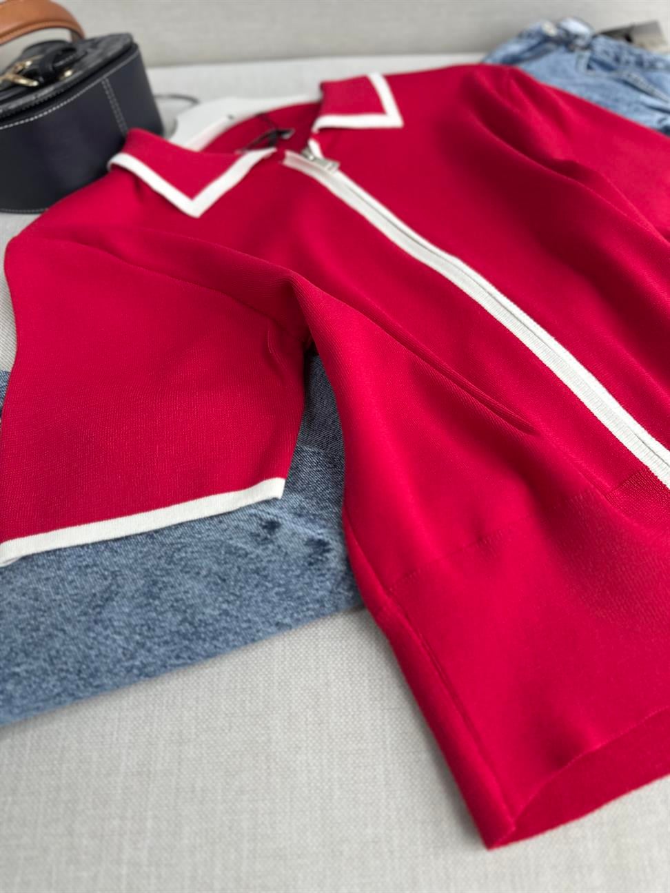 Kırmızı Biye Geçişli Çift Fermuarlı Tok Merserize Hırka