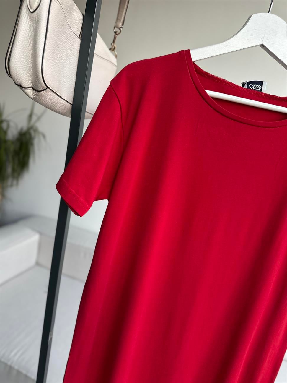 Kırmızı Çift Yırtmaçlı Pamuk Penye Elbise