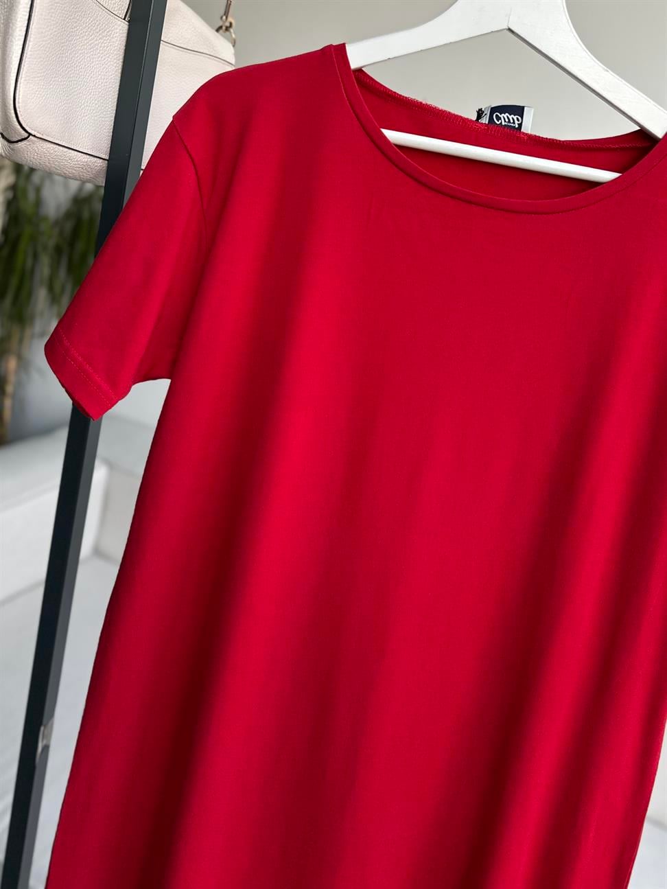 Kırmızı Çift Yırtmaçlı Pamuk Penye Elbise