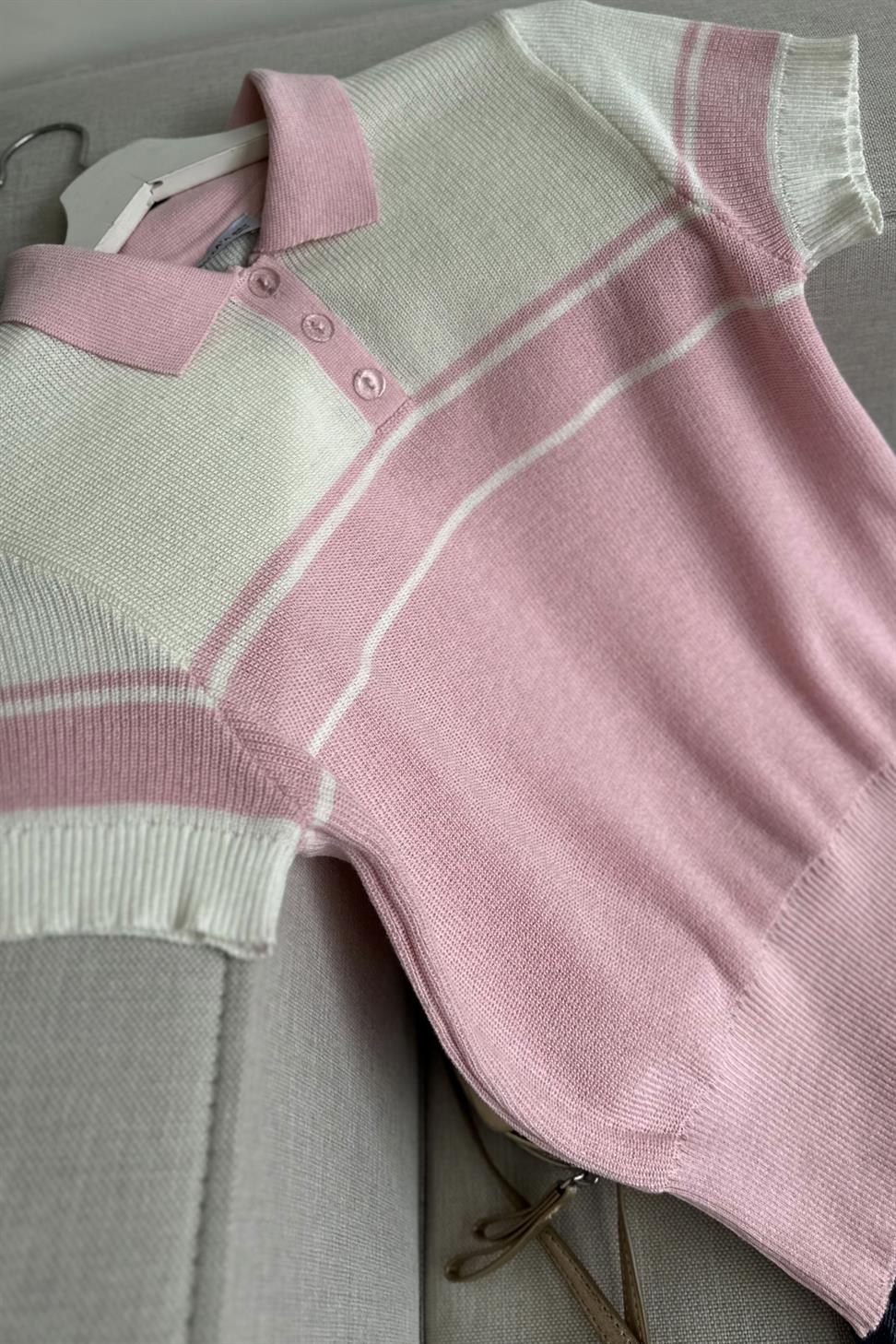 Kısa Kollu Çizgili Polo Yaka Triko Bluz Pembe