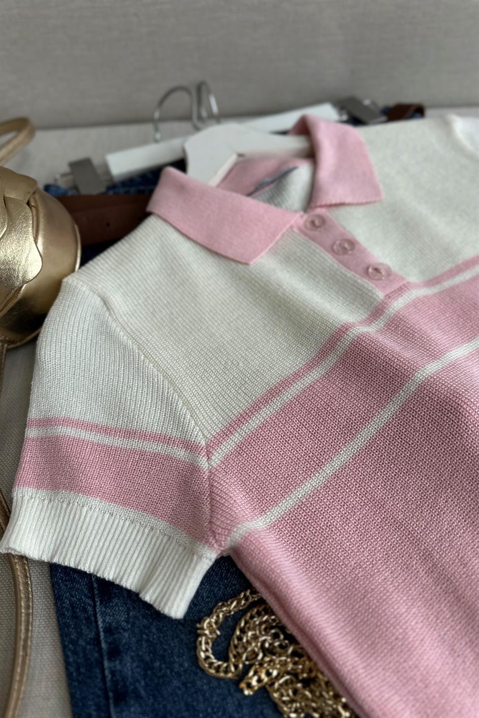 Kısa Kollu Çizgili Polo Yaka Triko Bluz Pembe