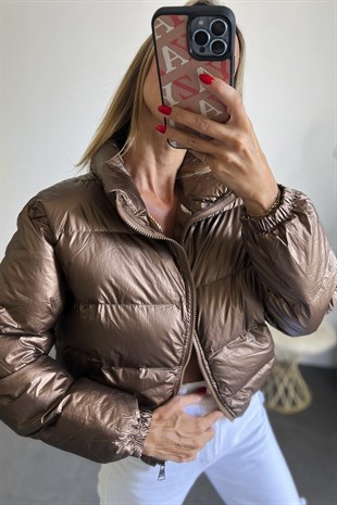 Kısa Tasarım Kadın Şişme Mont Bronz