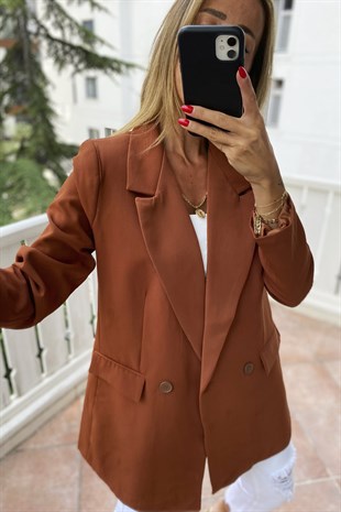 Krep Kumaş Astarlı Çift Düğme Blazer Ceket Kiremit
