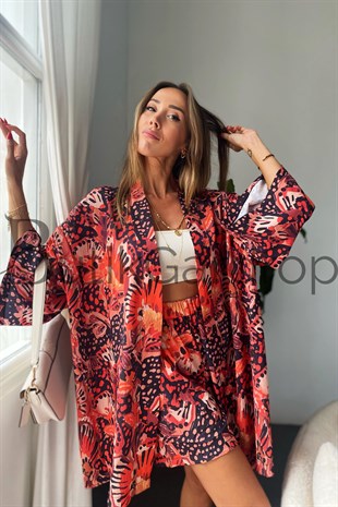 Krep Kumaş Turuncu Desenli Kimono Şort Takım