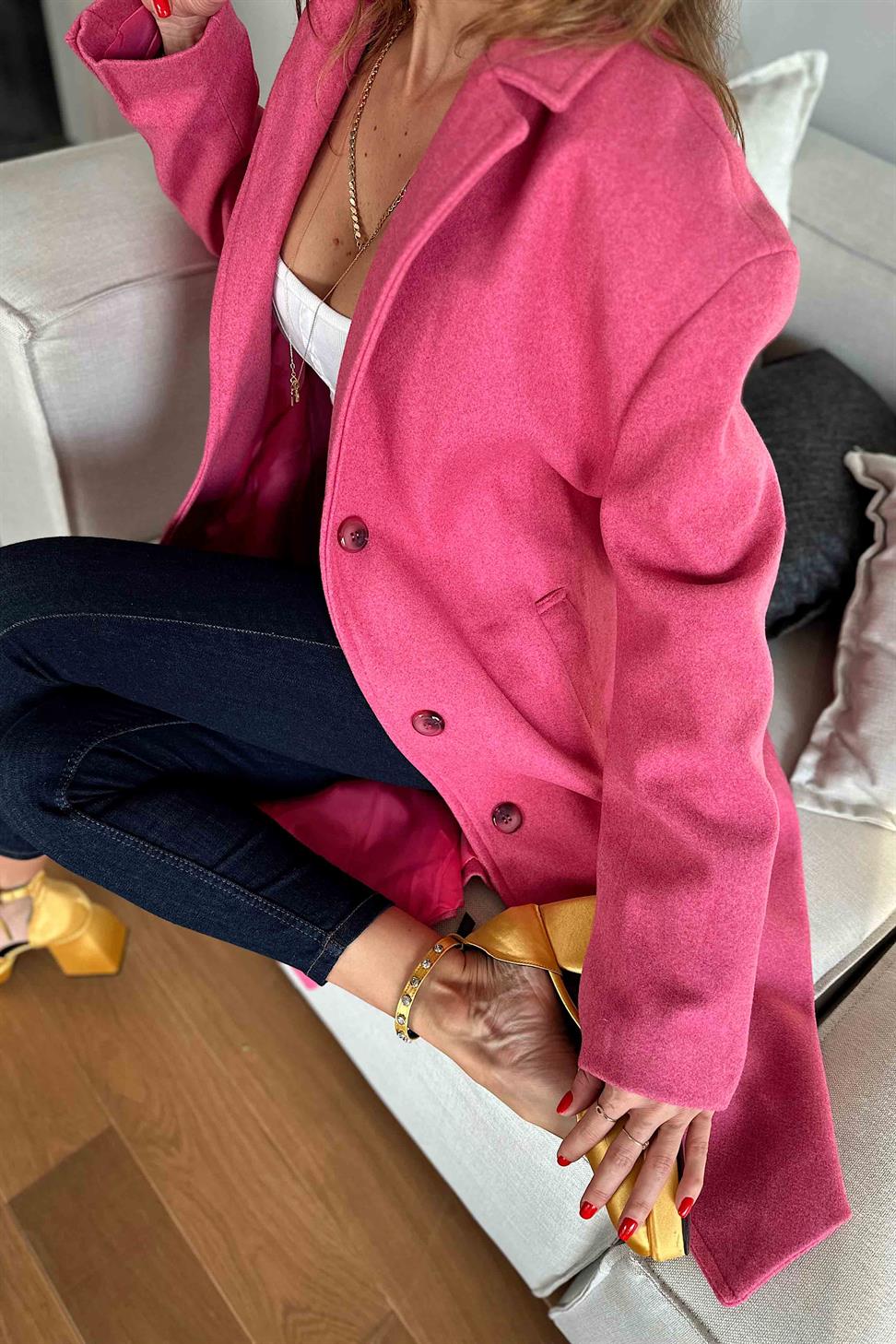 Kruvaze Yaka Oversize Uzun Kaban Pembe