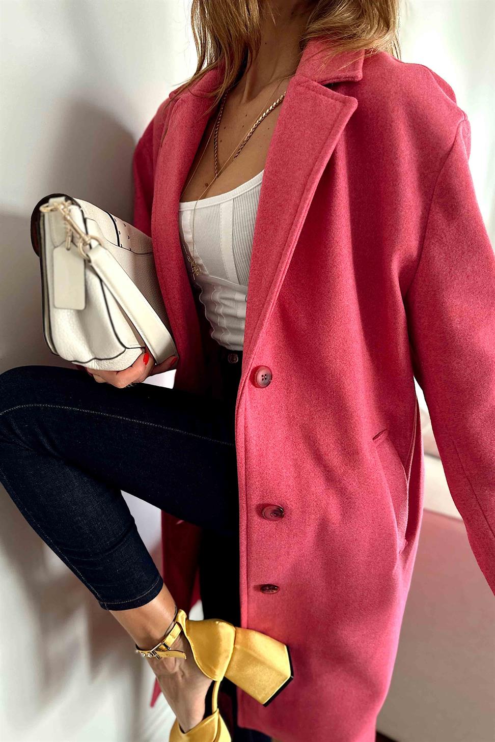 Kruvaze Yaka Oversize Uzun Kaban Pembe