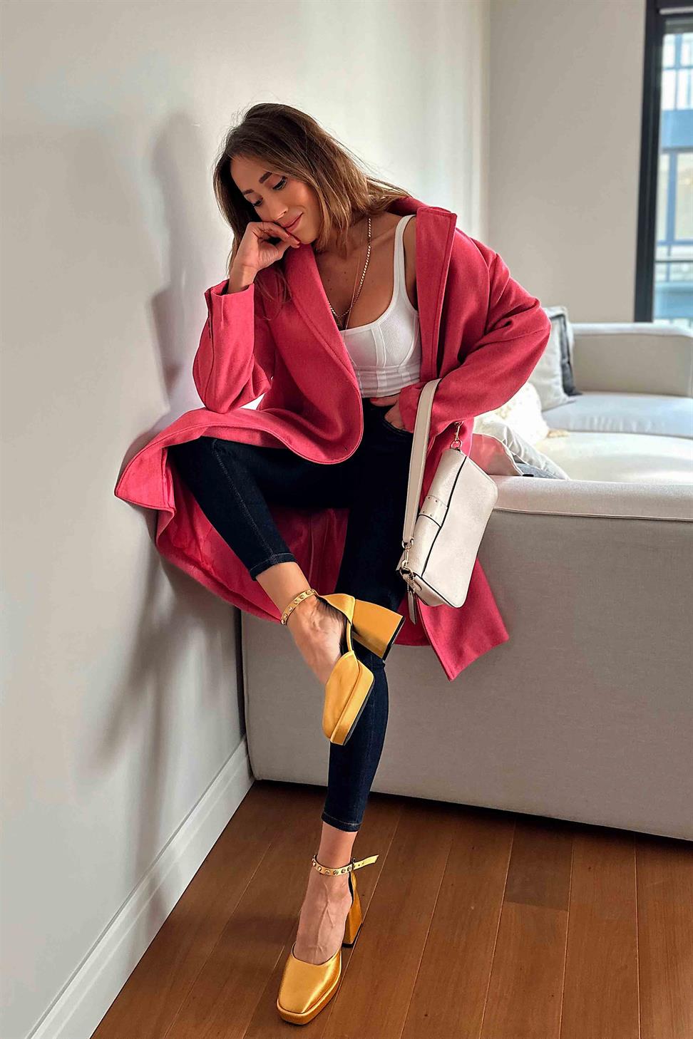 Kruvaze Yaka Oversize Uzun Kaban Pembe