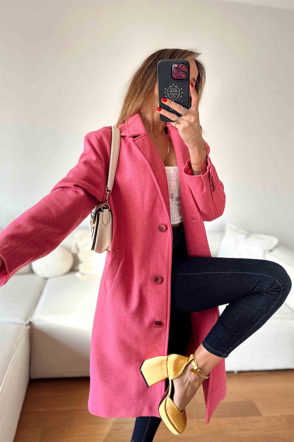 Kruvaze Yaka Oversize Uzun Kaban Pembe