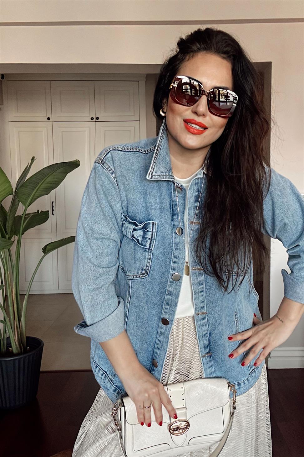 Kurdele Cep Detaylı Oversize Denim Ceket Mavi
