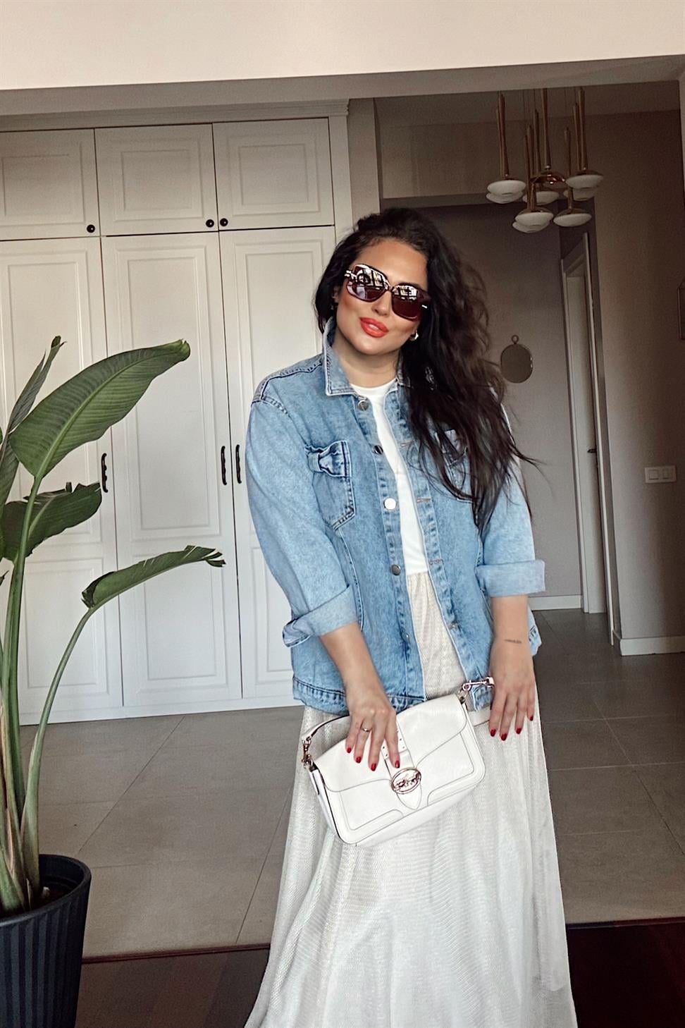 Kurdele Cep Detaylı Oversize Denim Ceket Mavi