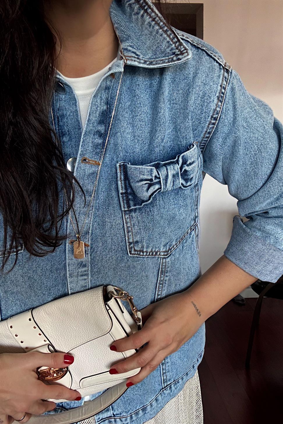 Kurdele Cep Detaylı Oversize Denim Ceket Mavi