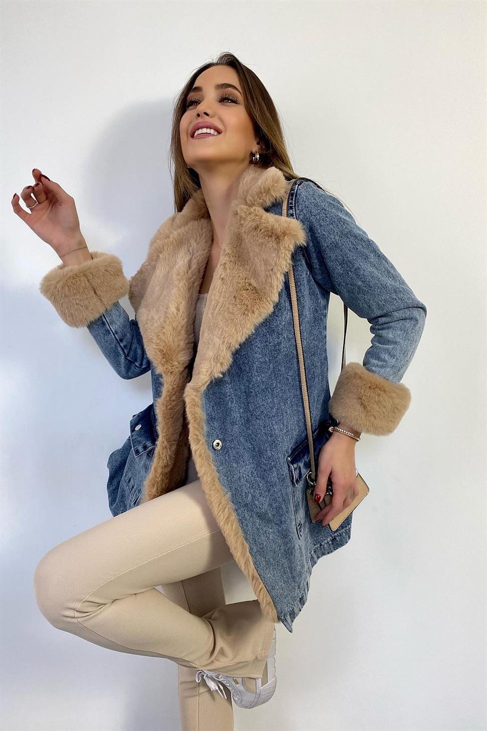 Kürklü Denim Kadın Uzun Mont Mavi