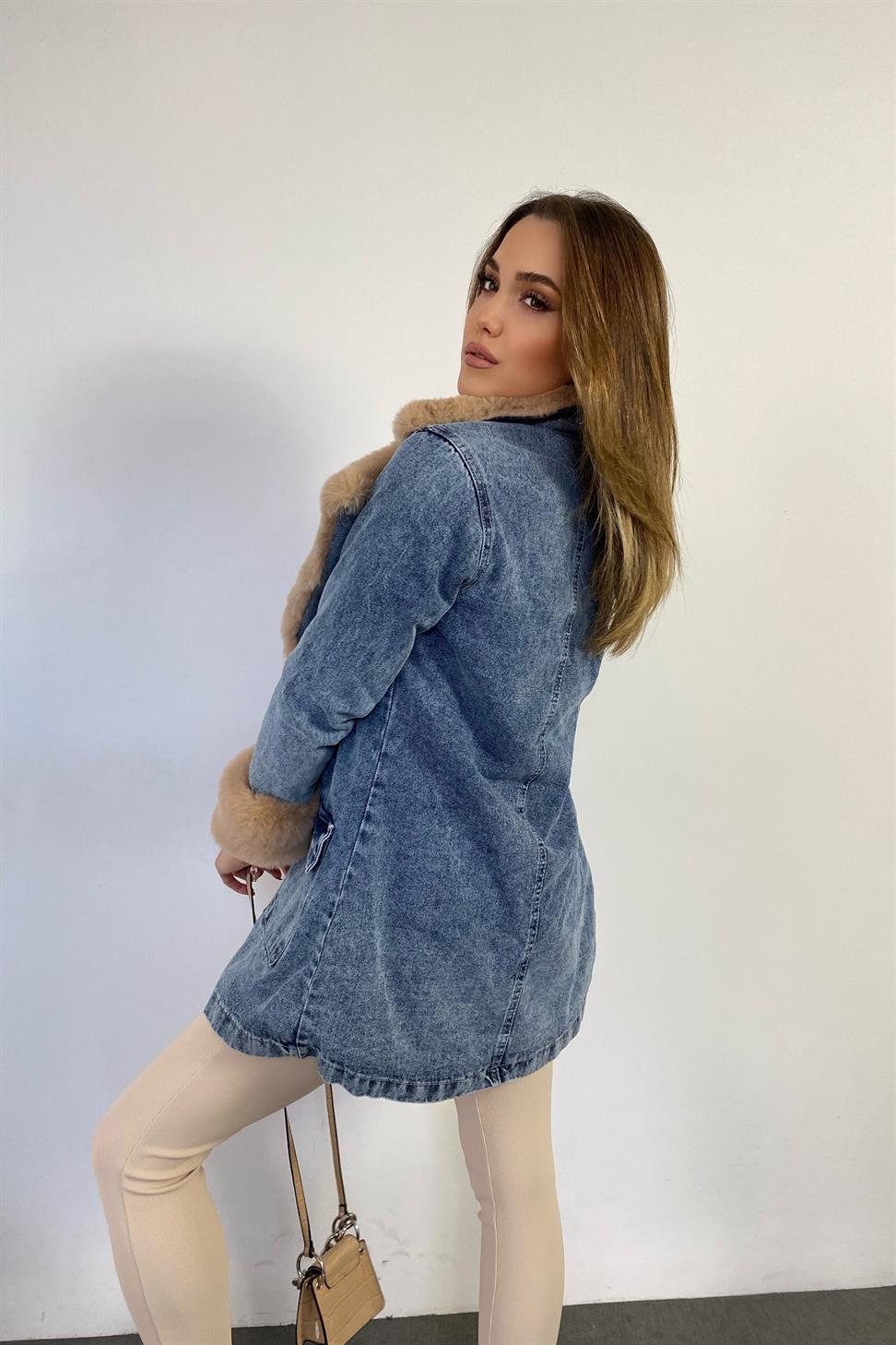 Kürklü Denim Kadın Uzun Mont Mavi