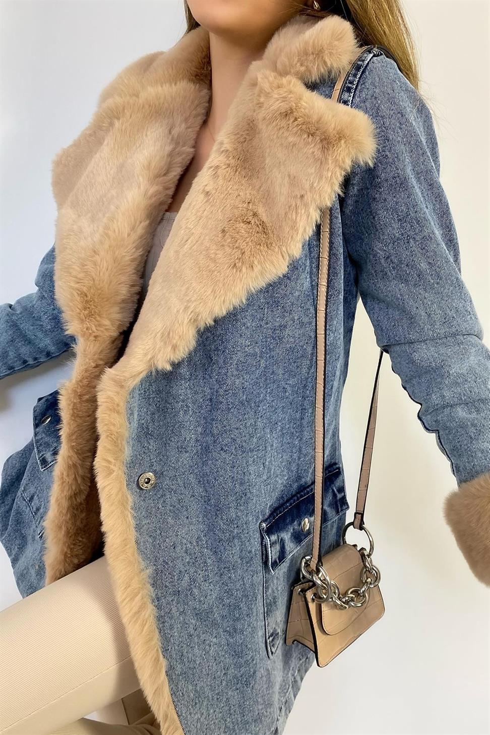 Kürklü Denim Kadın Uzun Mont Mavi