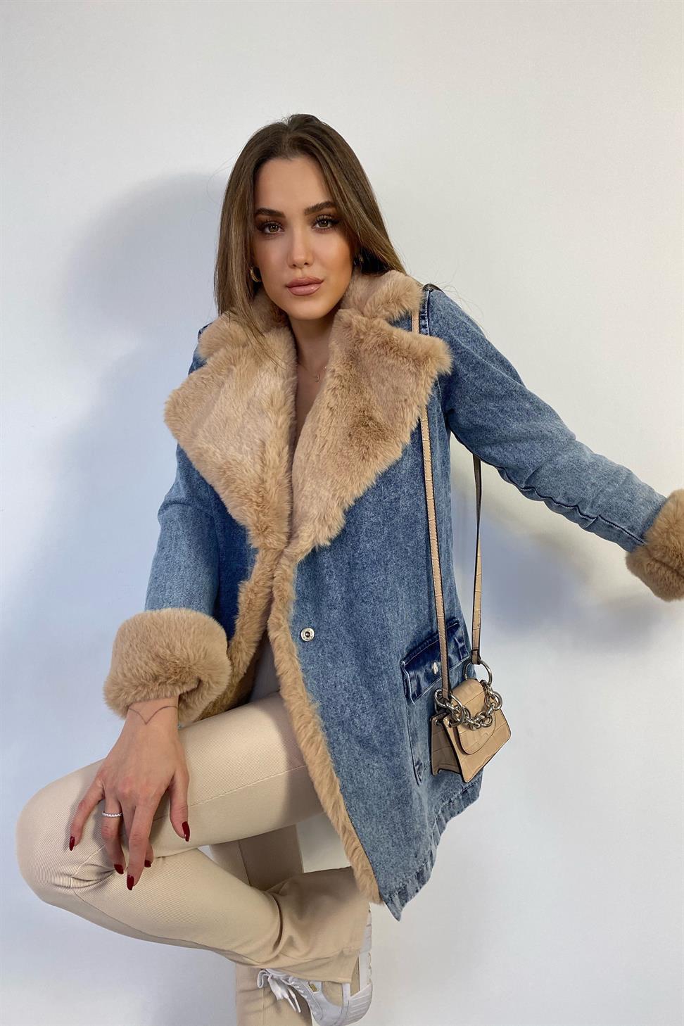 Kürklü Denim Kadın Uzun Mont Mavi