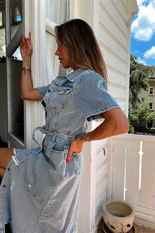 Kuşaklı Denim Elbise