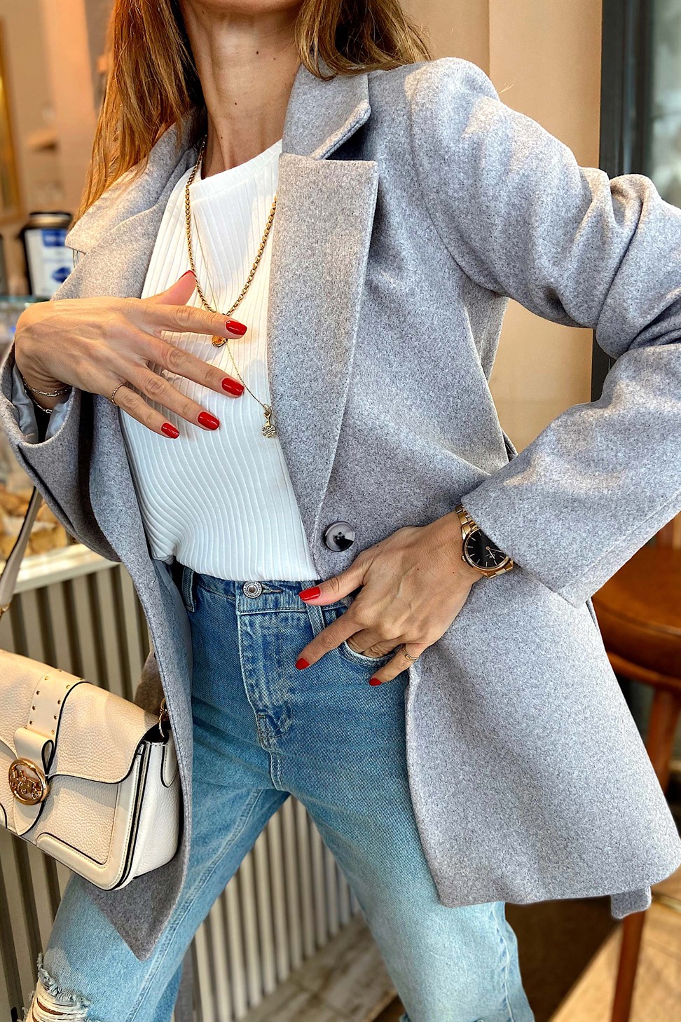Kuşaklı Tasarım Kaşe Blazer Ceket Gri