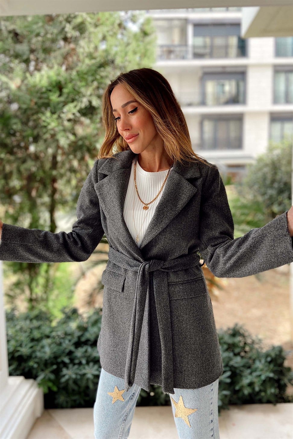 Kuşaklı Tasarım Kaşe Ceket Blazer Antrasit