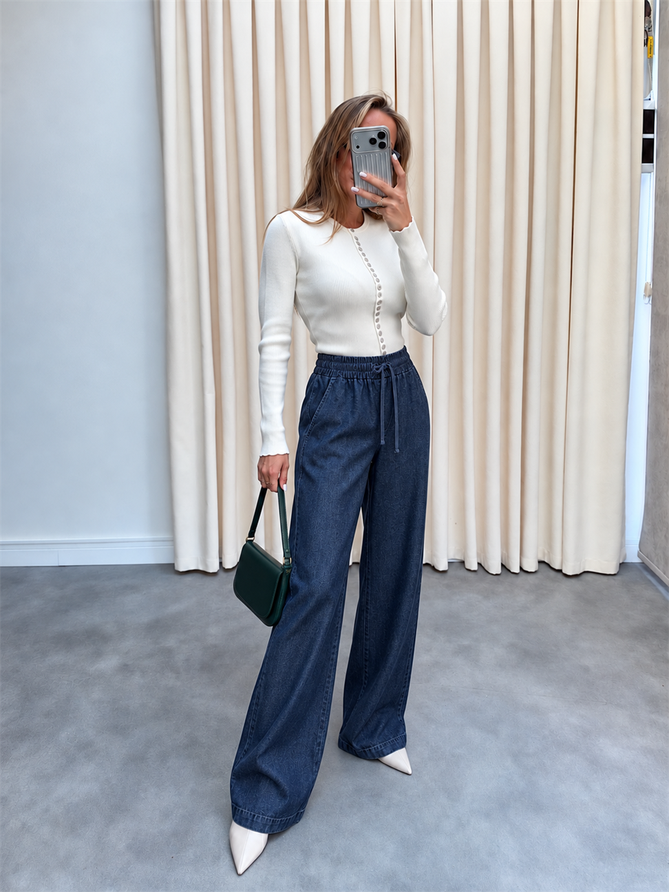 Lacivert Beli Lastik ve İp Detaylı Tensel Jean Palazzo