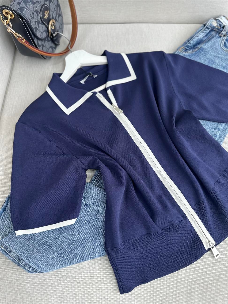 Lacivert Biye Geçişli Çift Fermuarlı Tok Merserize Hırka