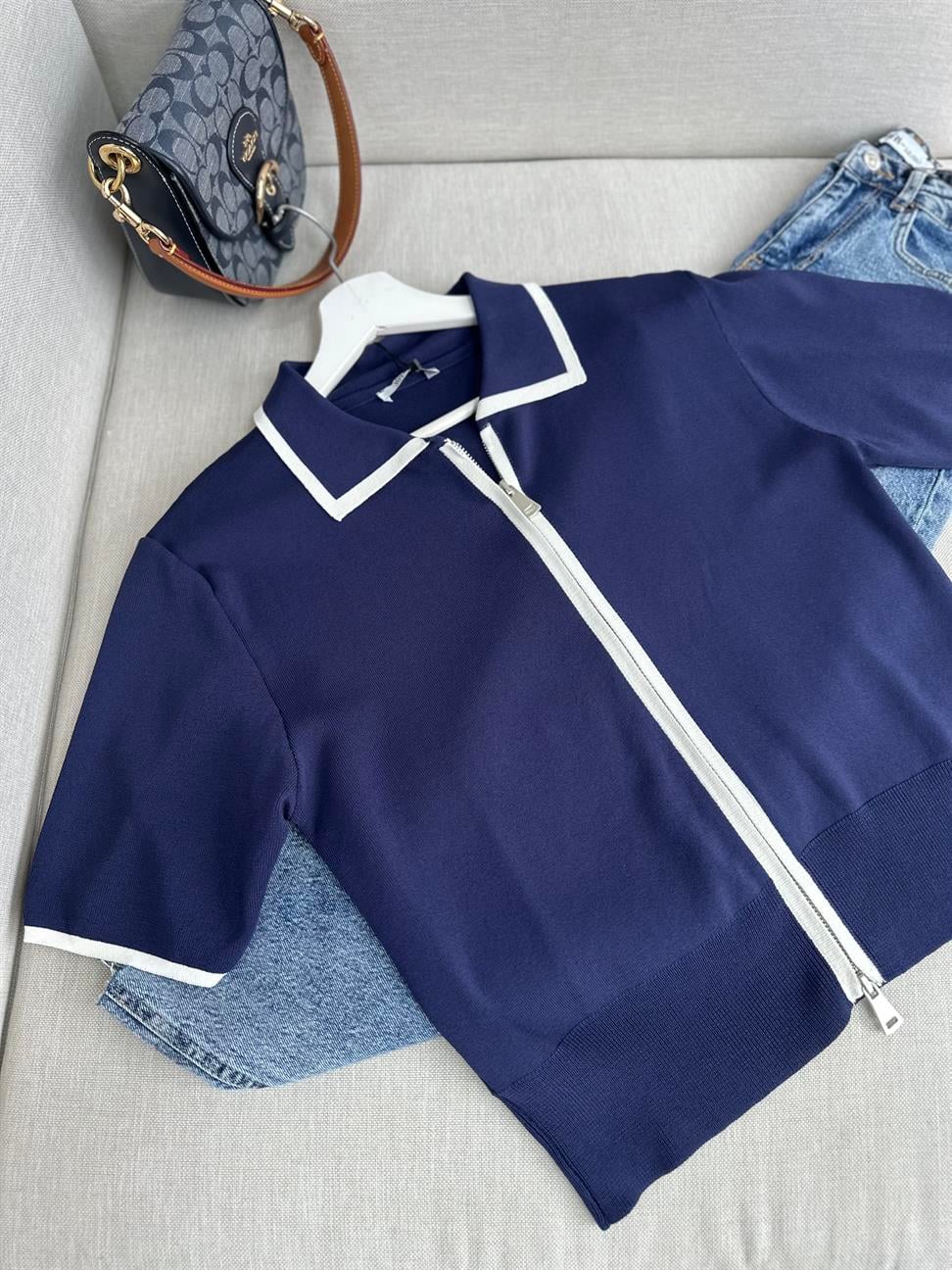 Lacivert Biye Geçişli Çift Fermuarlı Tok Merserize Hırka