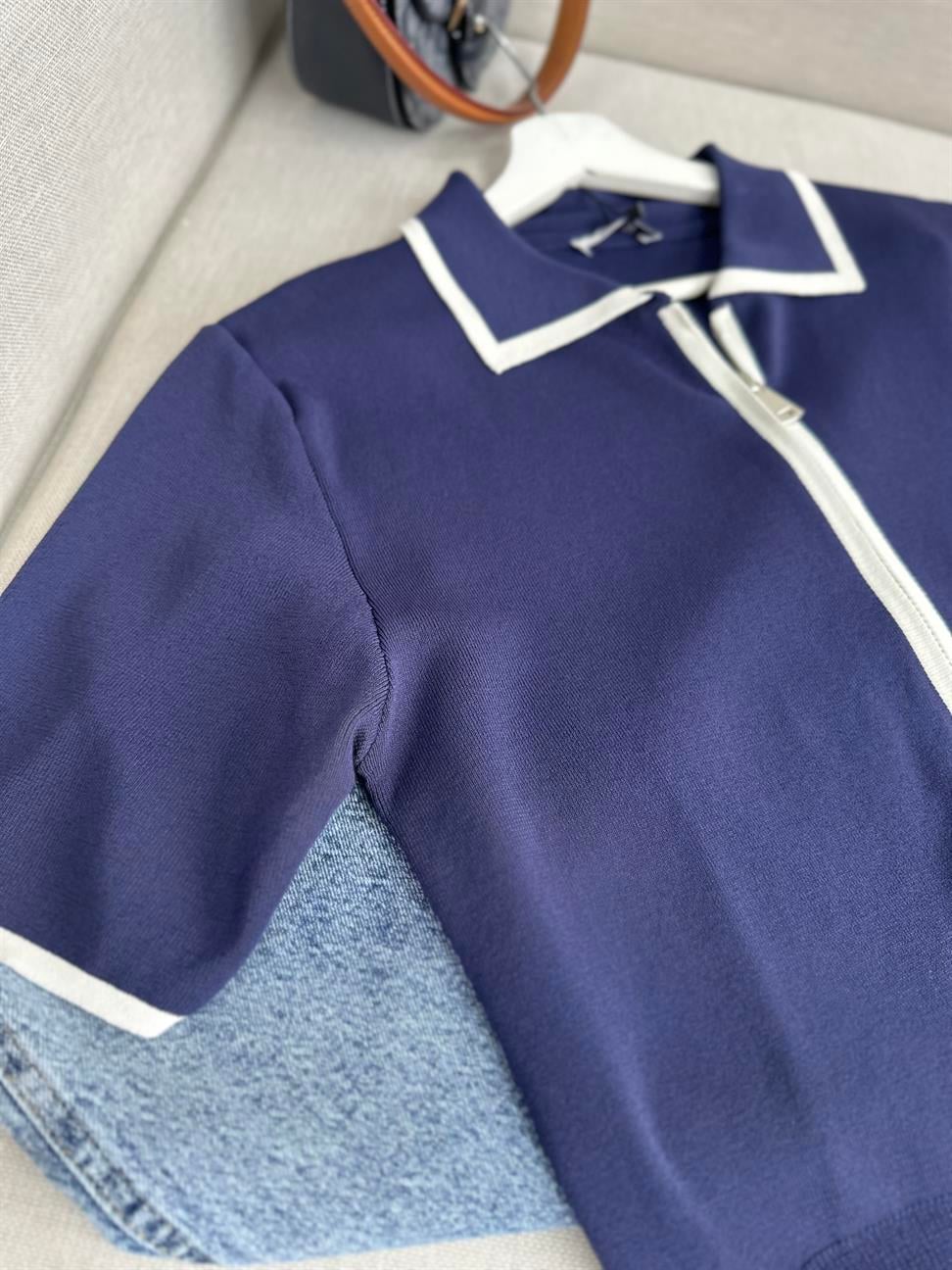 Lacivert Biye Geçişli Çift Fermuarlı Tok Merserize Hırka