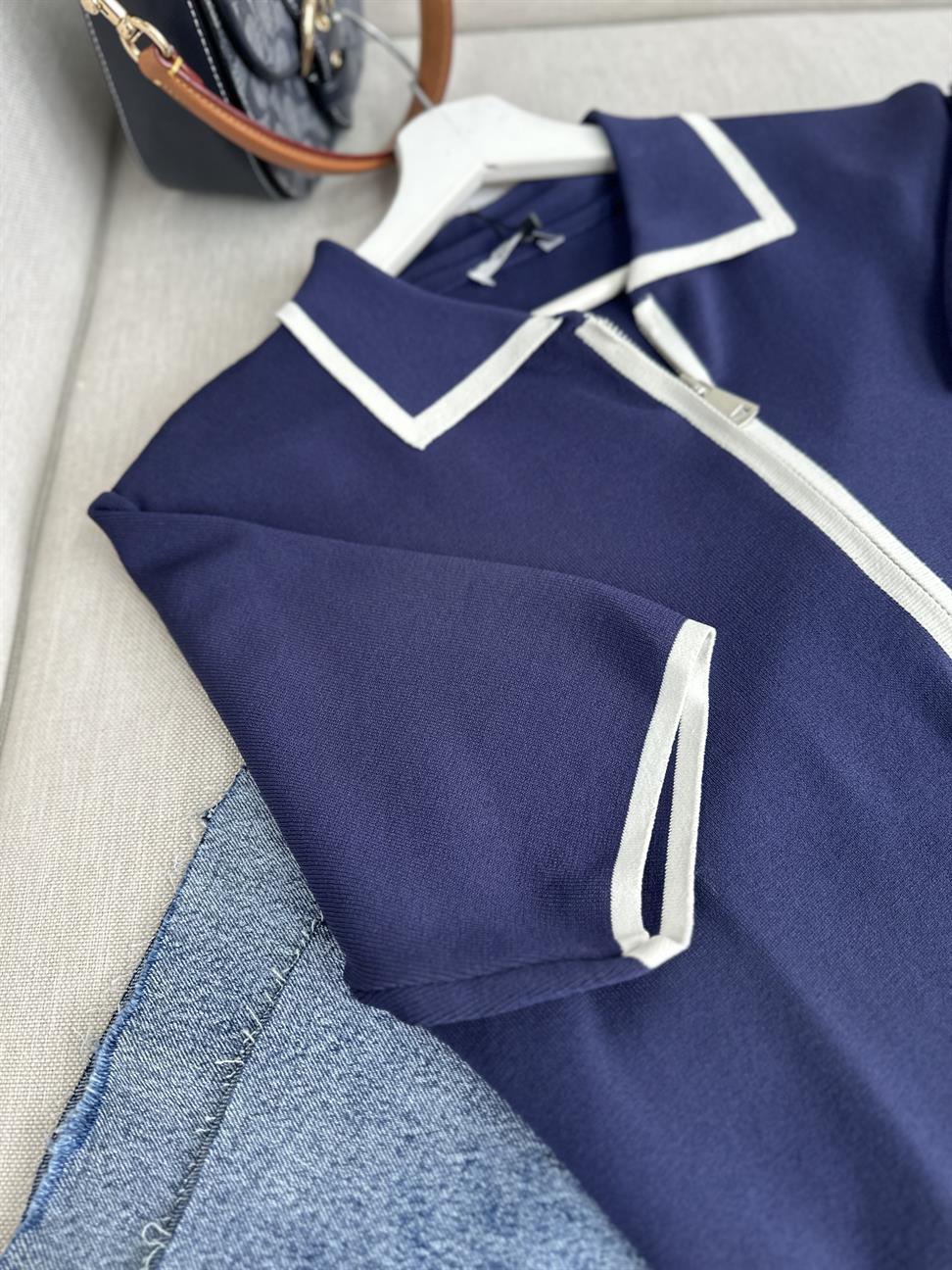 Lacivert Biye Geçişli Çift Fermuarlı Tok Merserize Hırka