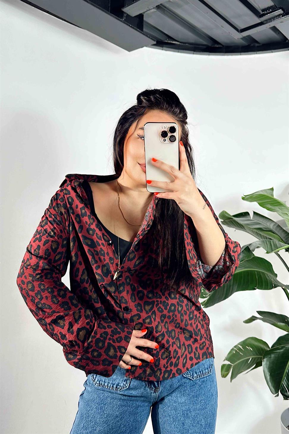 Leopar Desen Gömlek Bordo