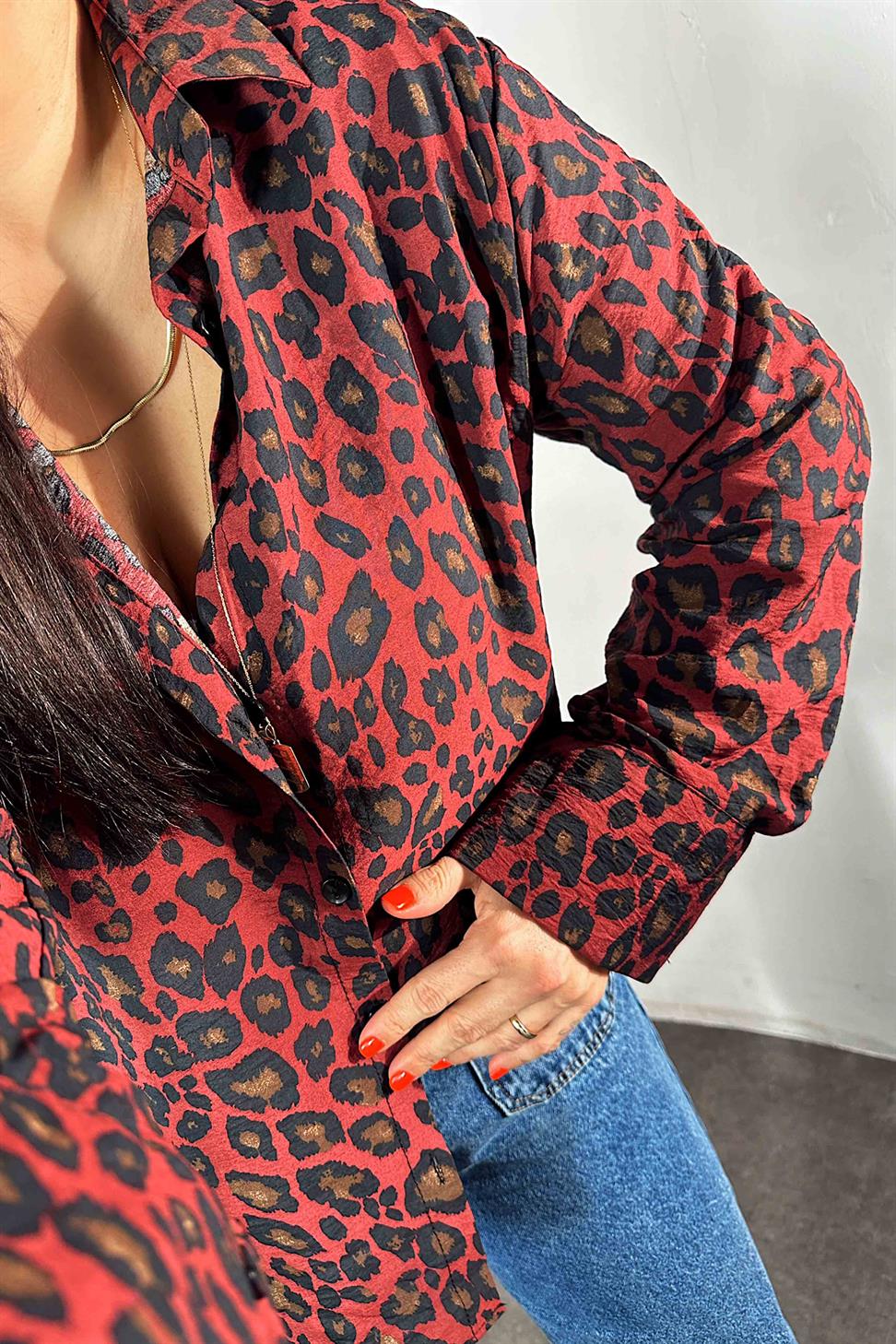 Leopar Desen Gömlek Bordo