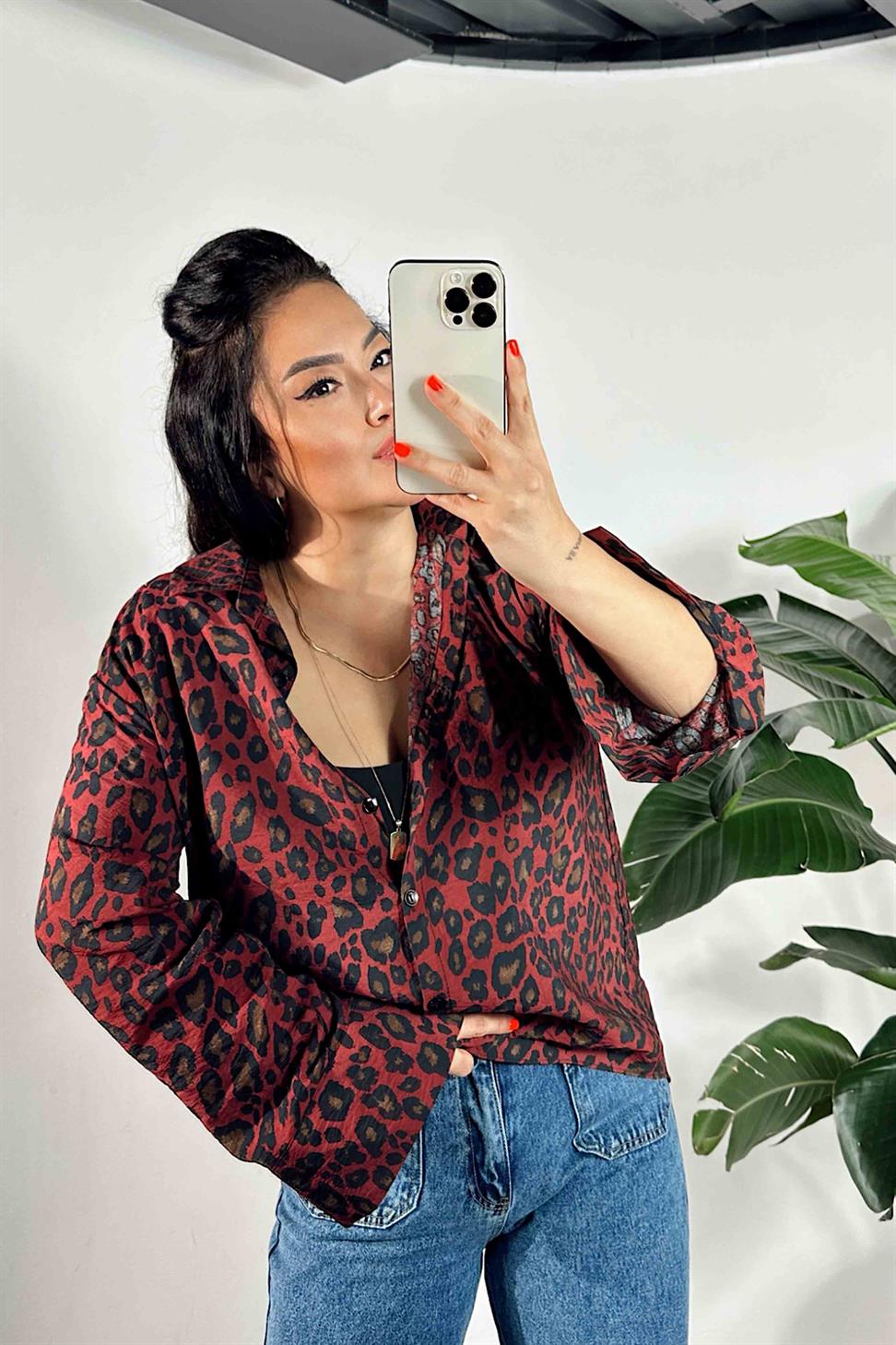 Leopar Desen Gömlek Bordo