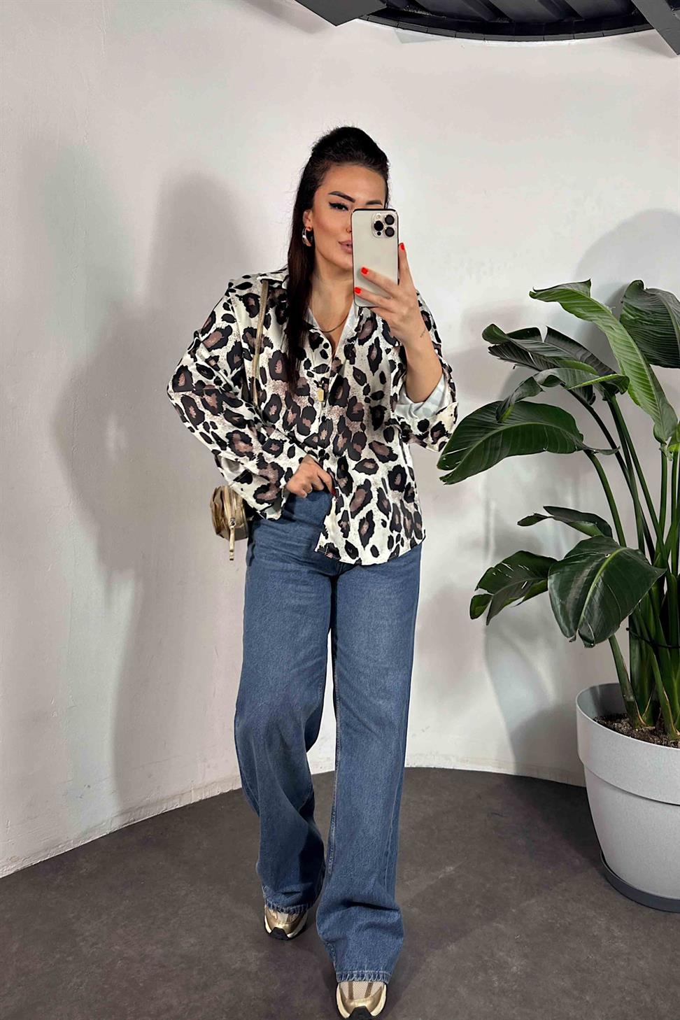 Leopar Desen Saten Gömlek Ekru