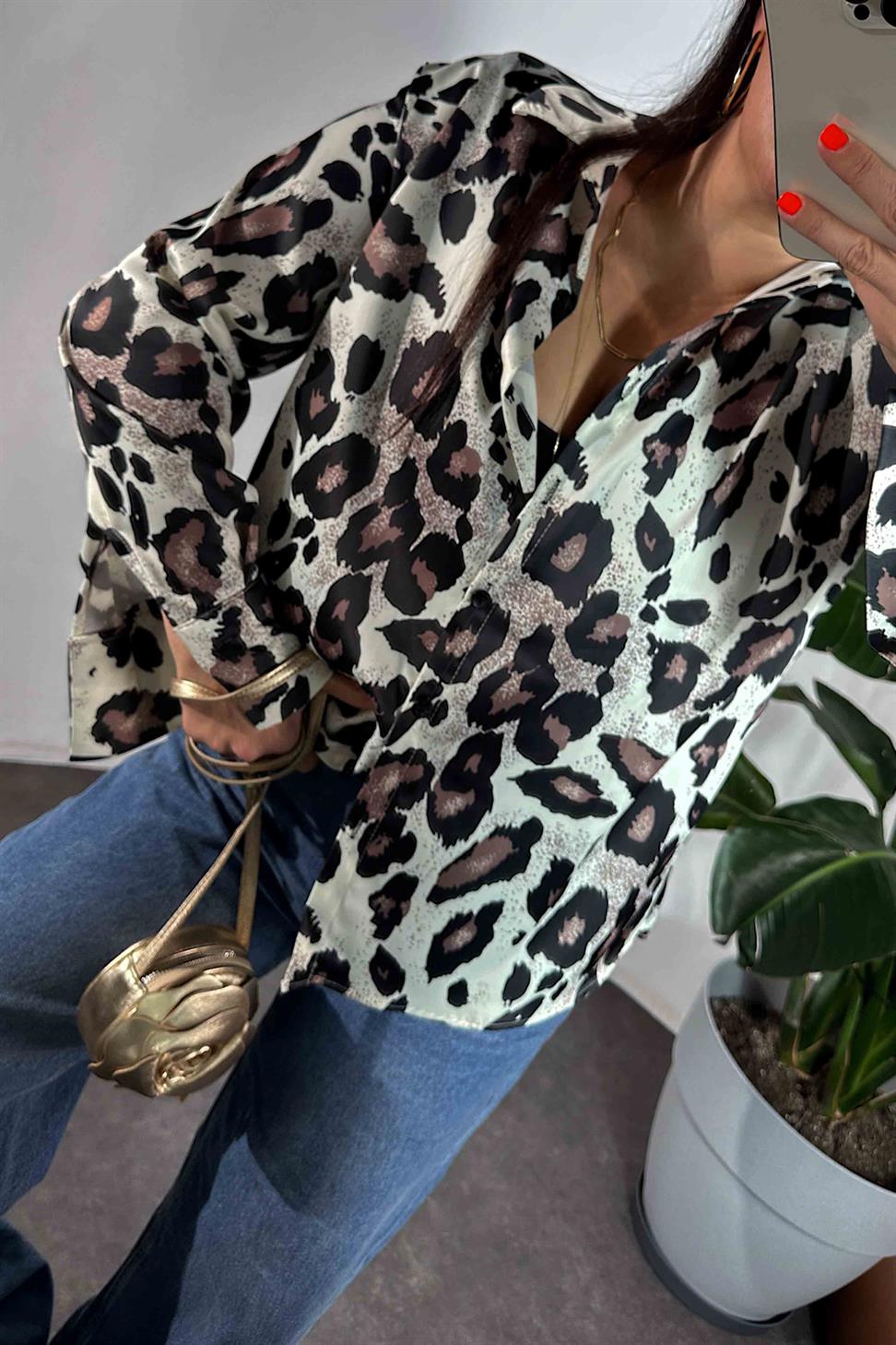 Leopar Desen Saten Gömlek Ekru
