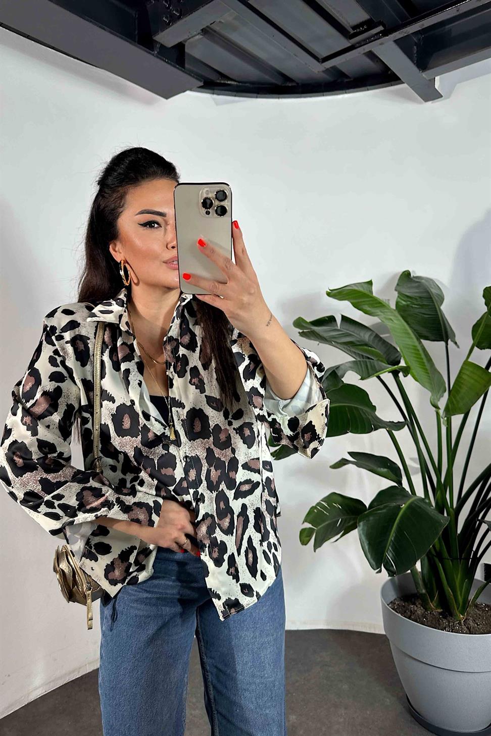 Leopar Desen Saten Gömlek Ekru