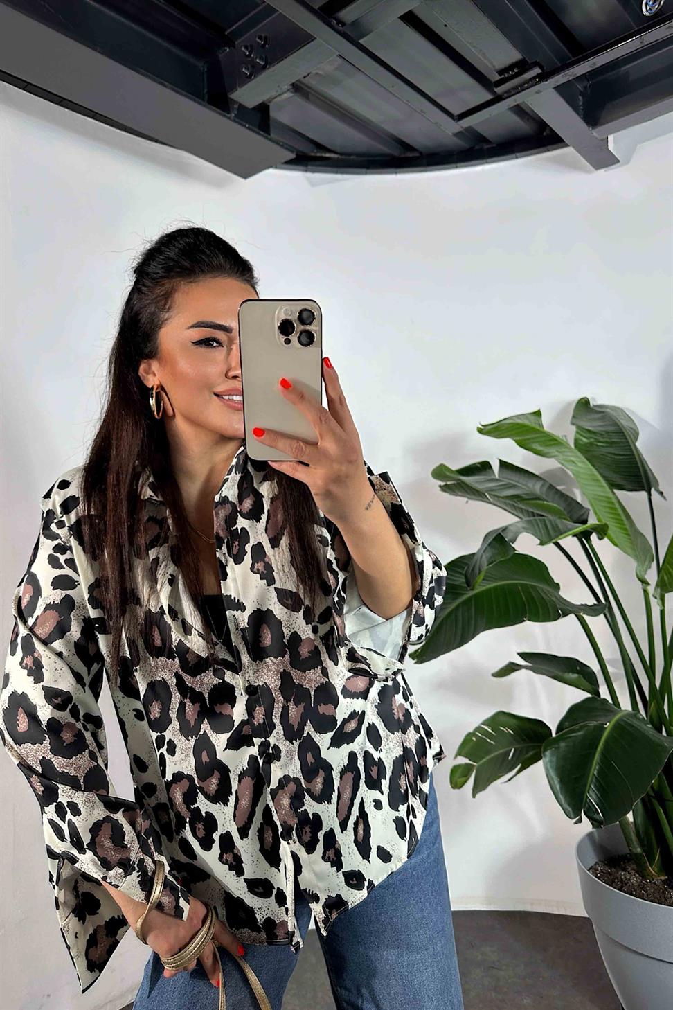 Leopar Desen Saten Gömlek Ekru