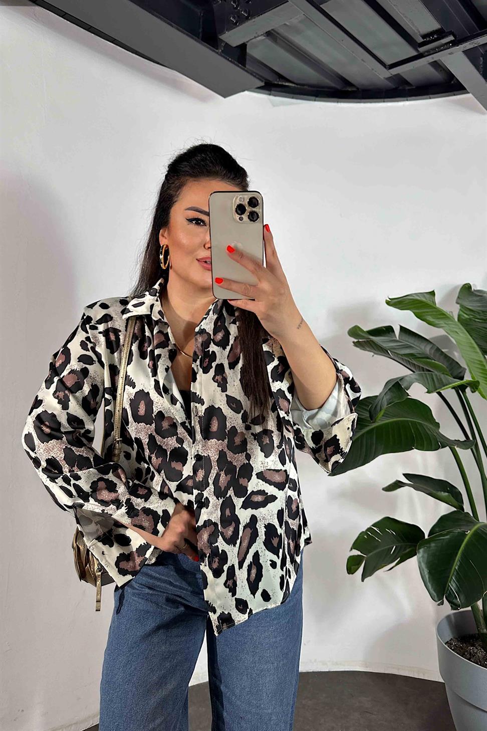 Leopar Desen Saten Gömlek Ekru